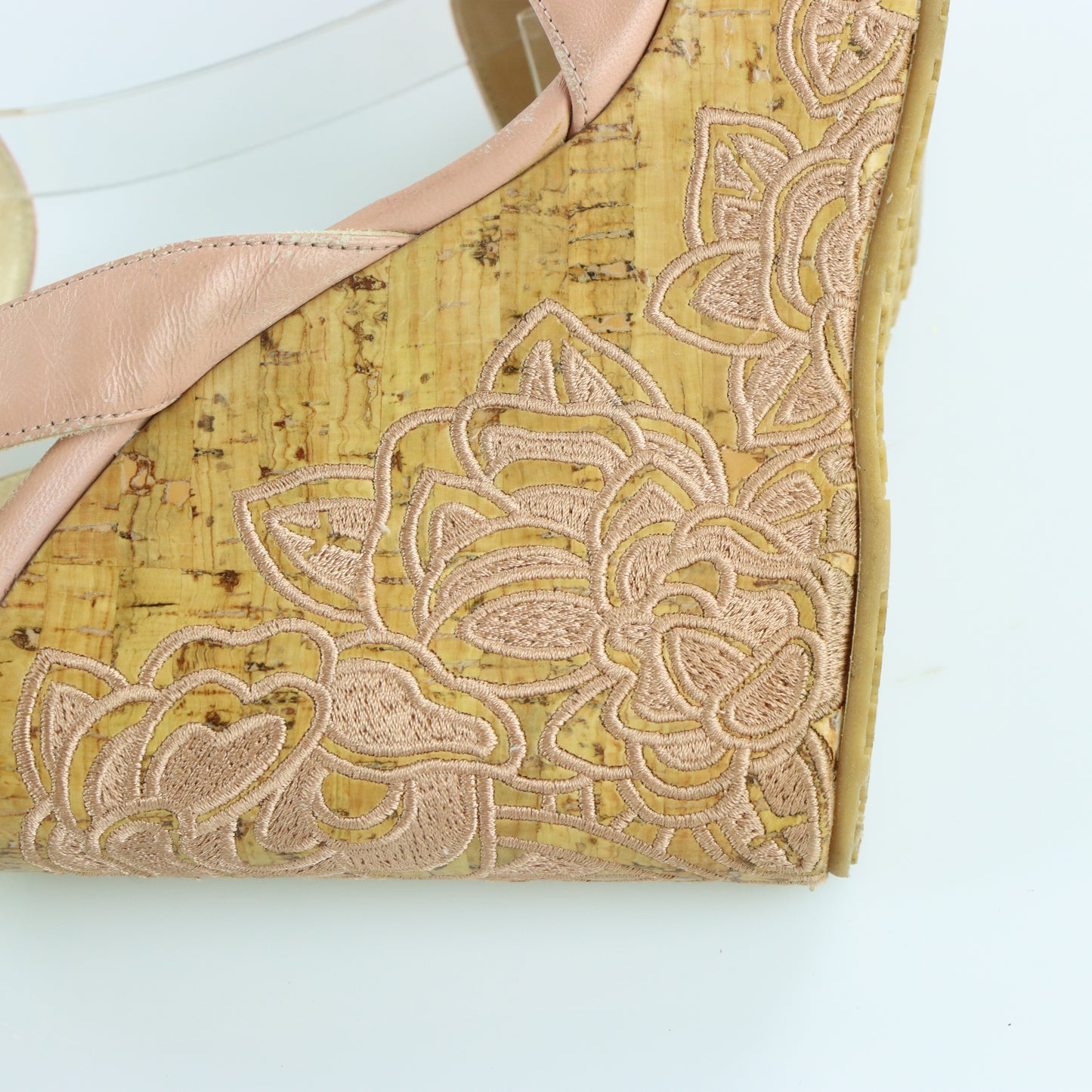 JIMMY CHOO Blush Pink Floral Design Embroidered Cork Wedge Sandals Spanish Made (38.5)