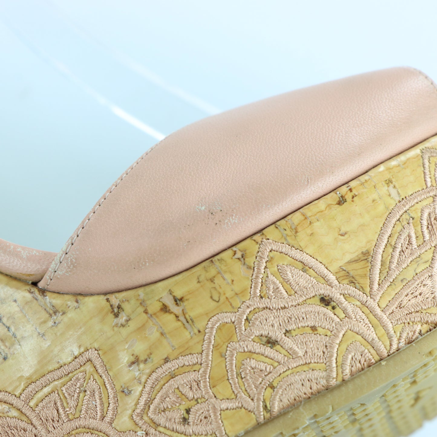JIMMY CHOO Blush Pink Floral Design Embroidered Cork Wedge Sandals Spanish Made (38.5)