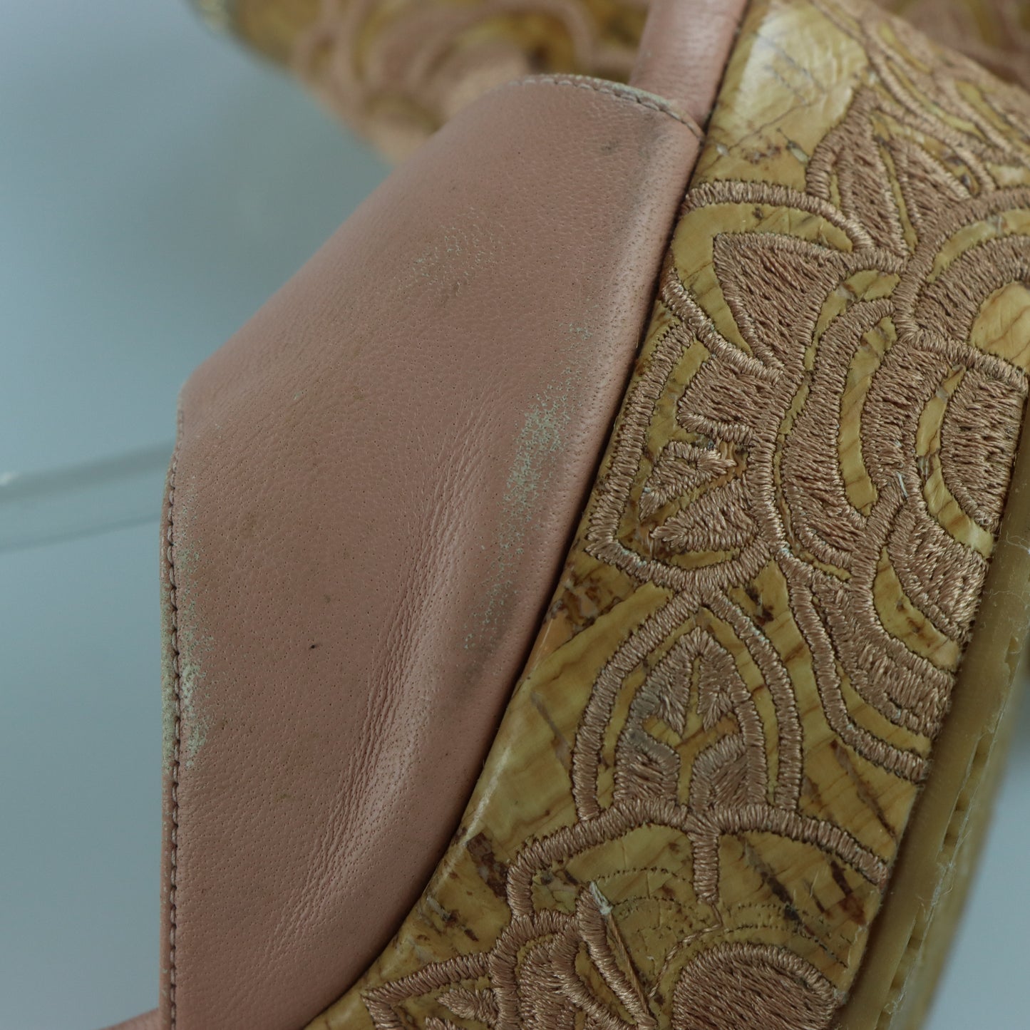 JIMMY CHOO Blush Pink Floral Design Embroidered Cork Wedge Sandals Spanish Made (38.5)