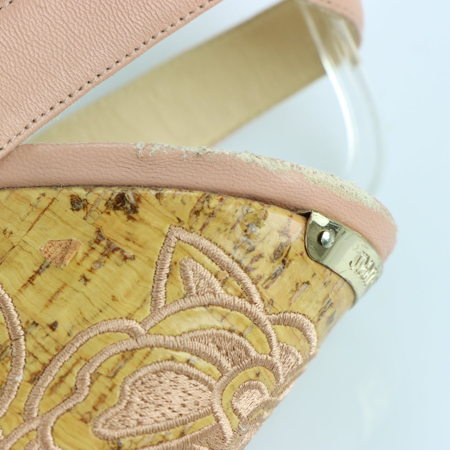 JIMMY CHOO Blush Pink Floral Design Embroidered Cork Wedge Sandals Spanish Made (38.5)
