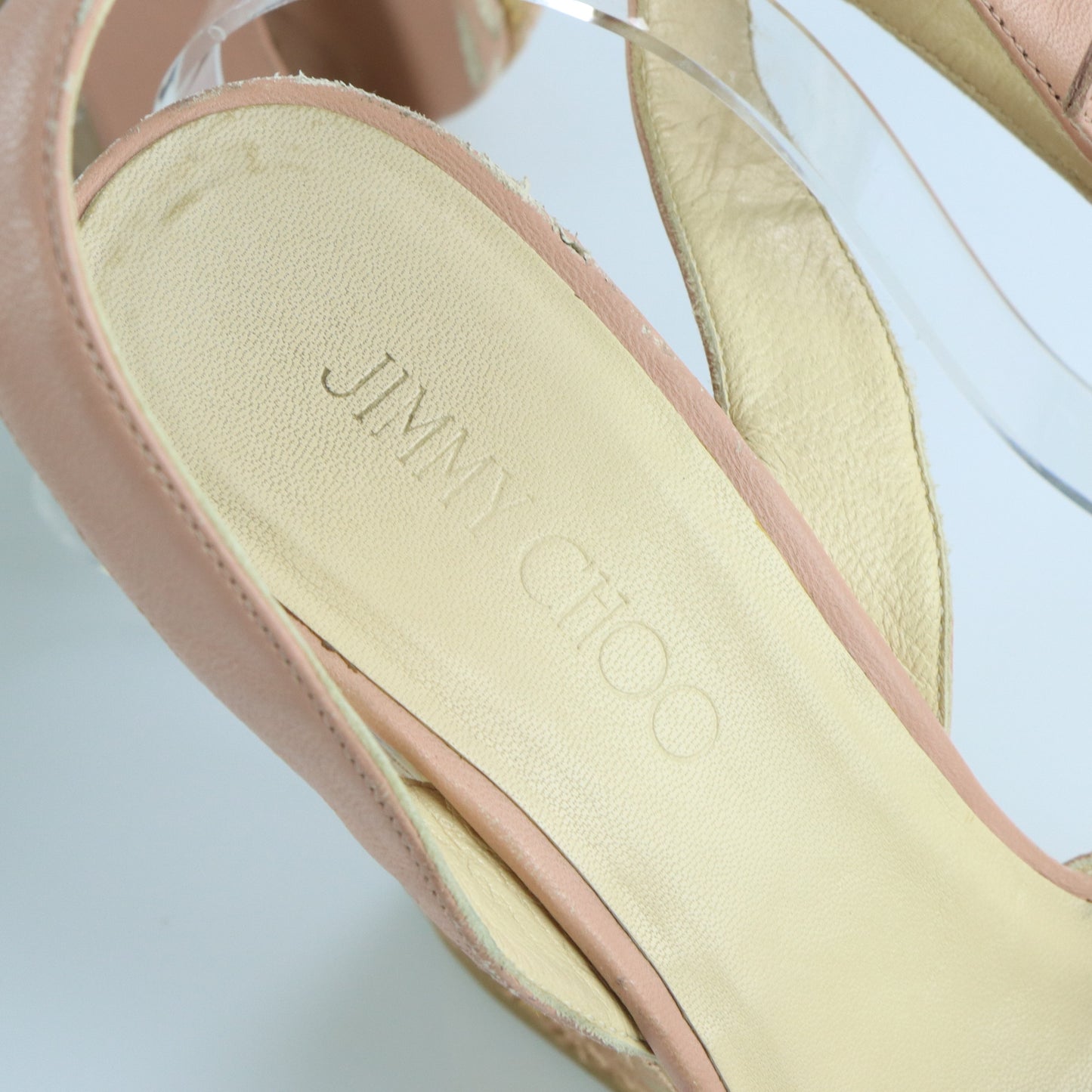 JIMMY CHOO Blush Pink Floral Design Embroidered Cork Wedge Sandals Spanish Made (38.5)