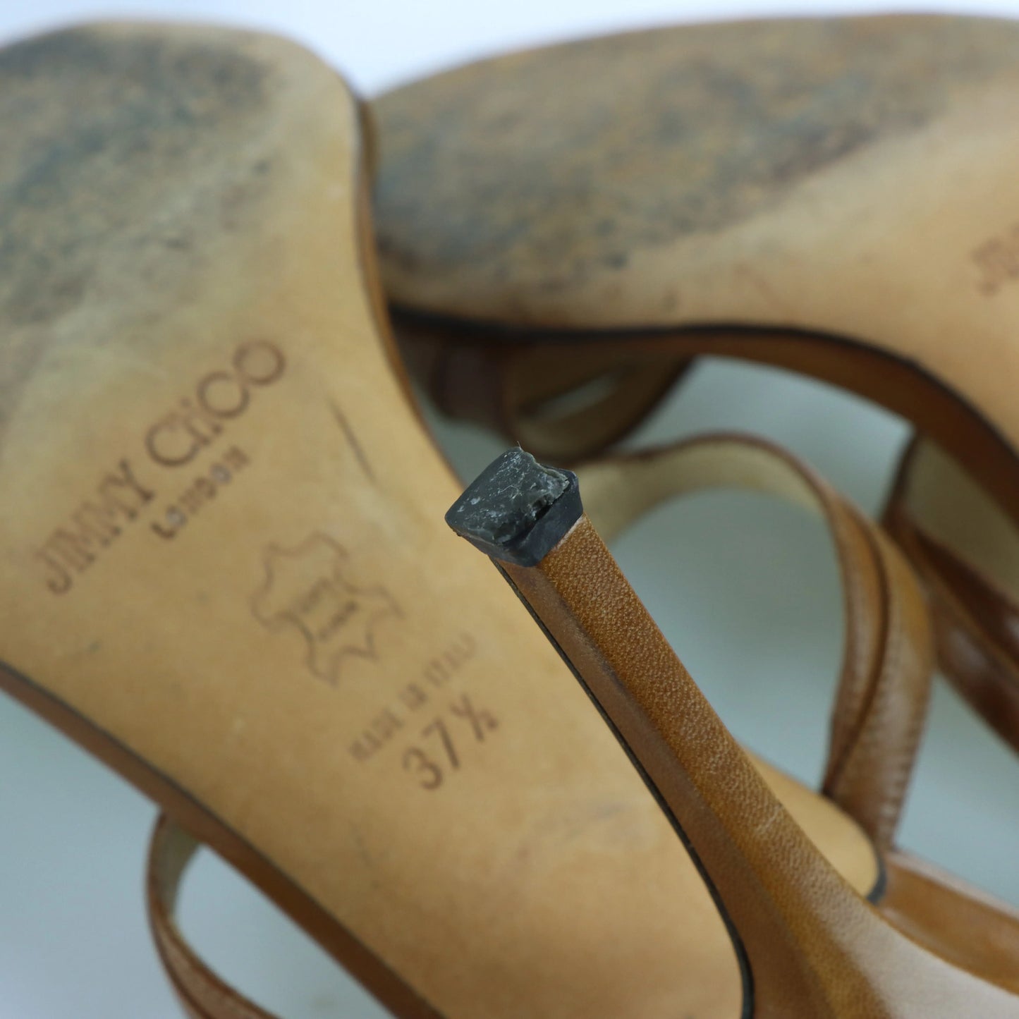 JIMMY CHOO Brown Leather Strappy Adjustable Buckle Heels Italian Made (37.5) Vintage Sole Melbourne