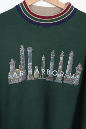 1998 Vintage Bar Harbor Forest Green Ringer Sweatshirt USA Made (M)