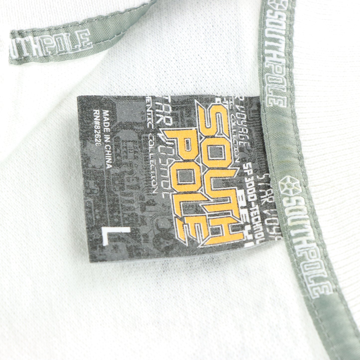 SOUTH POLE Y2K 'Star Voyage' Tech Print White & Gold Polo Tee (L)