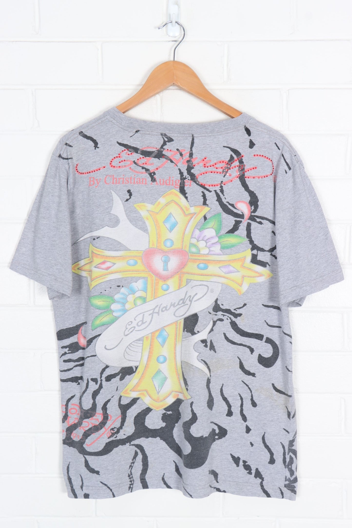ED HARDY American Eagle Cross Y2K All Over Tee USA Made (L)