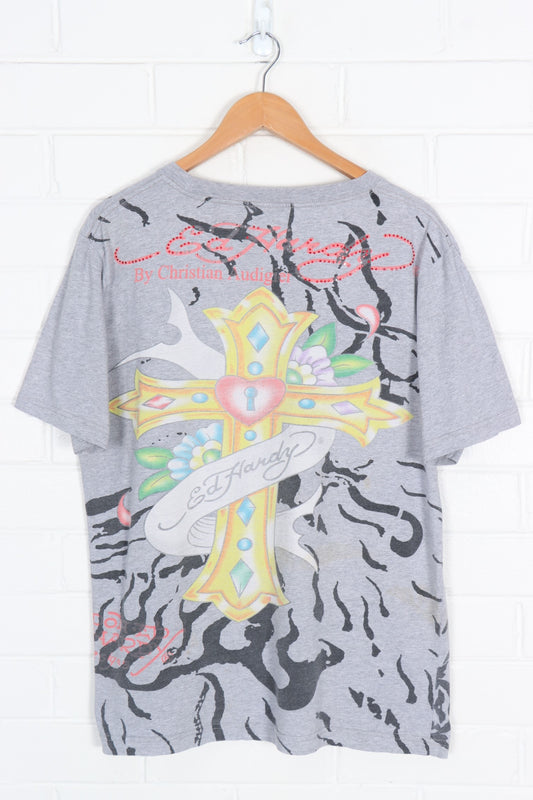 ED HARDY American Eagle Cross Y2K All Over Tee USA Made (L)