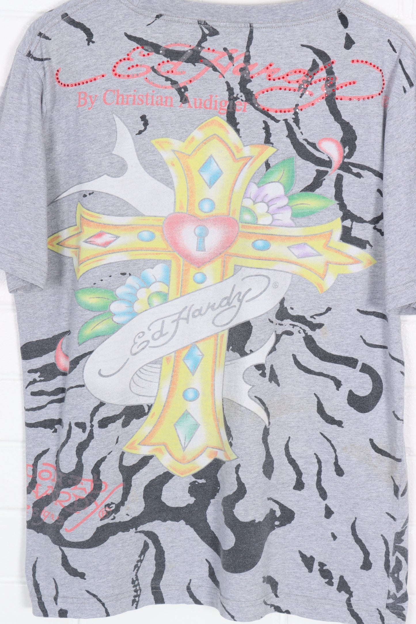 ED HARDY American Eagle Cross Y2K All Over Tee USA Made (L)