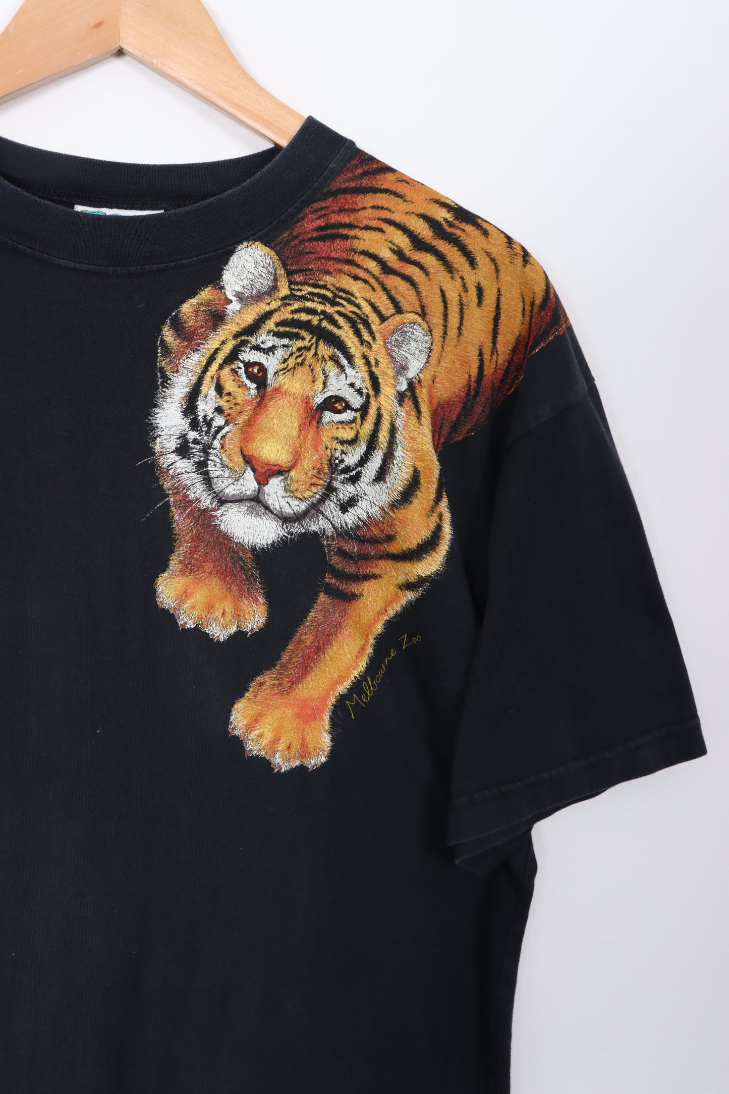 Melbourne Zoo Tiger Animal Print Black Tee Made in Australia (L)