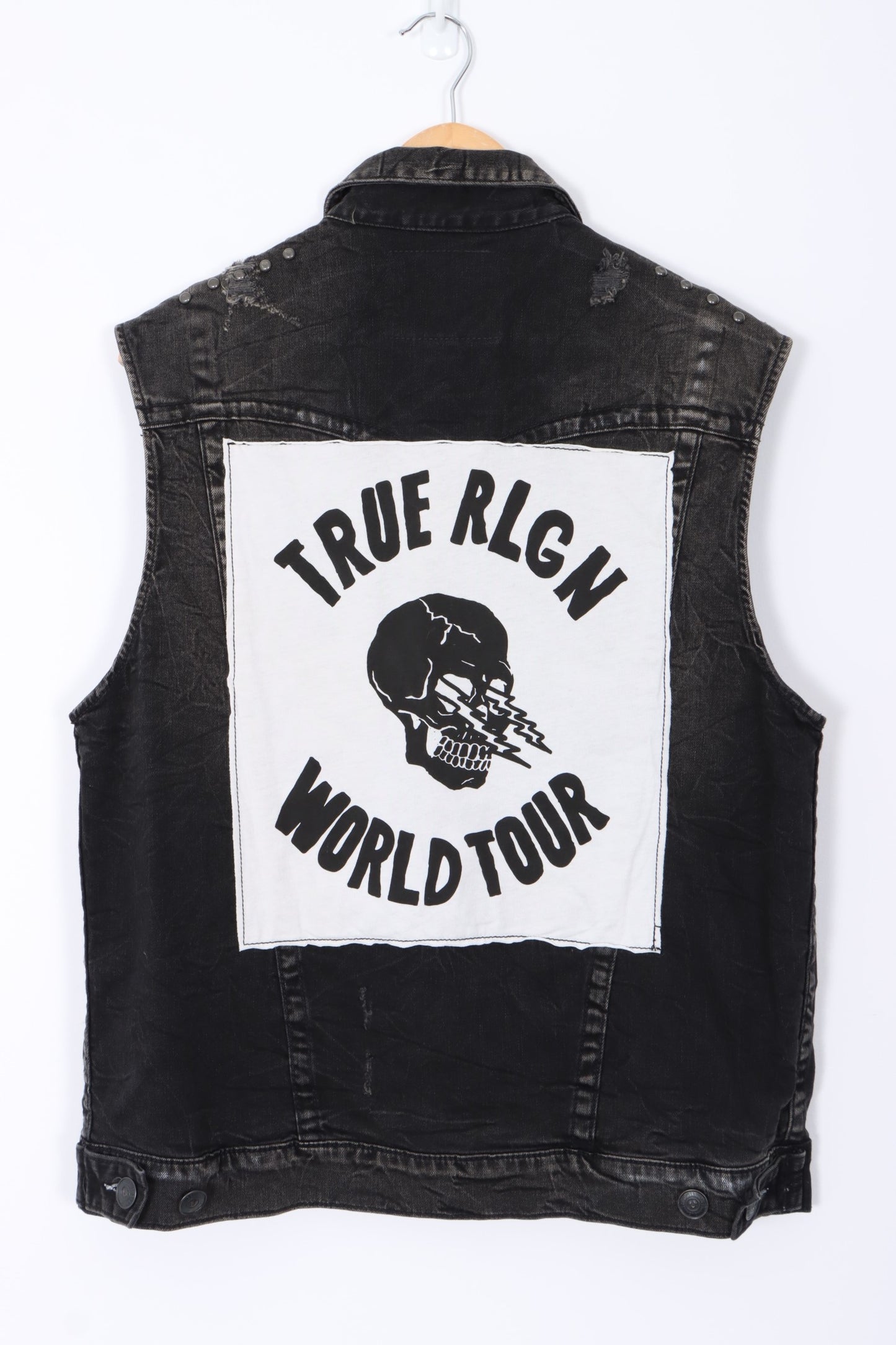 TRUE RELIGION World Tour Black Denim Distressed Jimmy Vest (L)