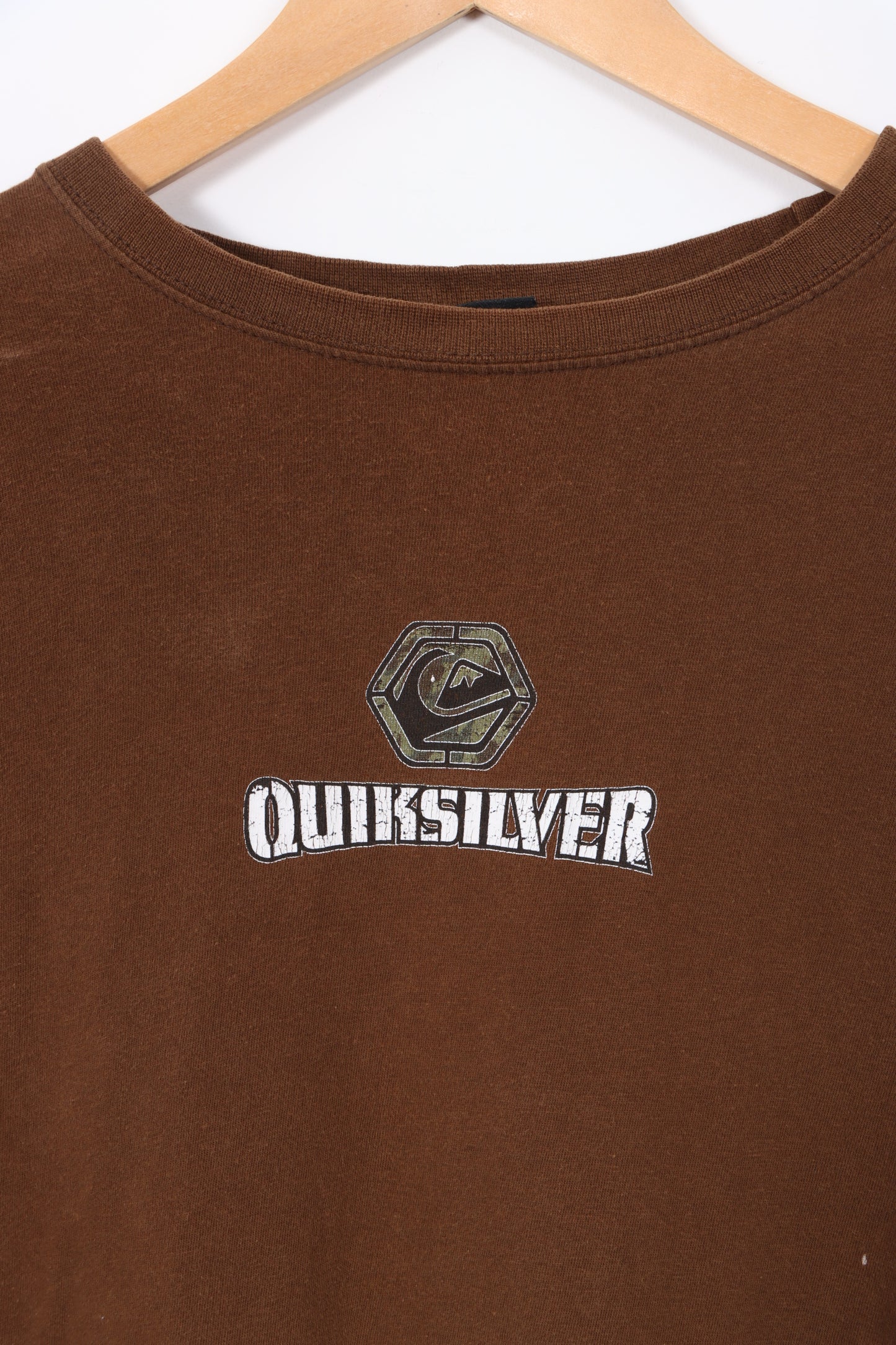 QUIKSILVER Spell Out Front Back Logo Brown Surfer T-Shirt (L)