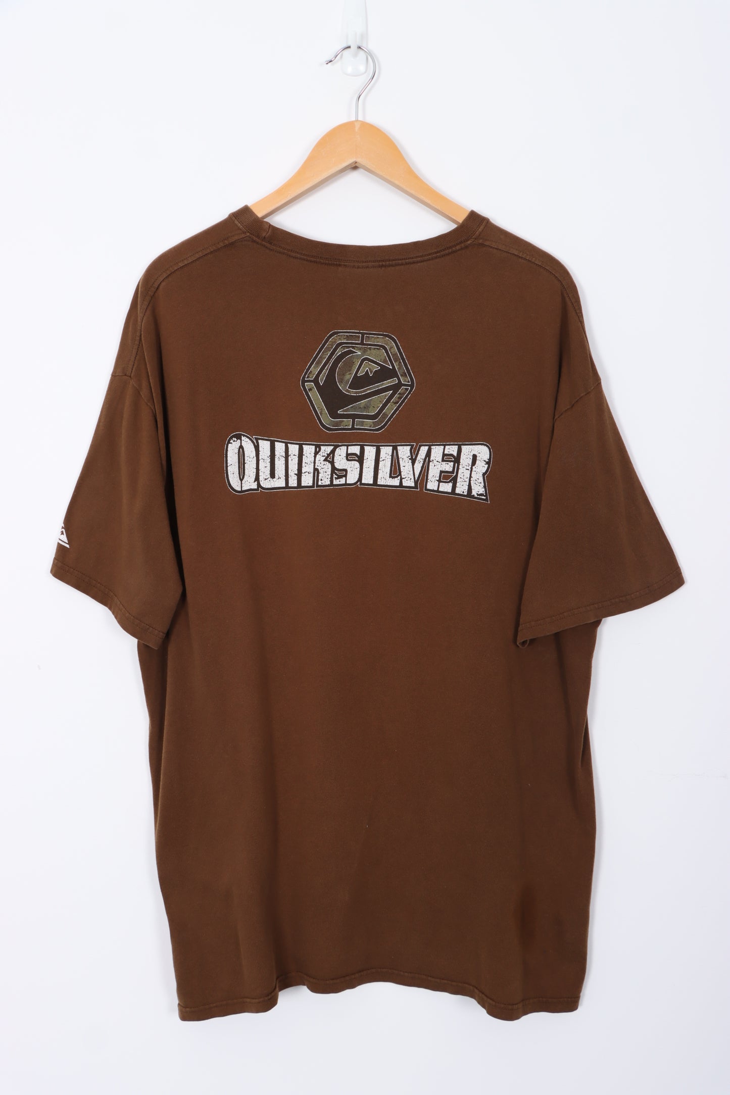 QUIKSILVER Spell Out Front Back Logo Brown Surfer T-Shirt (L)