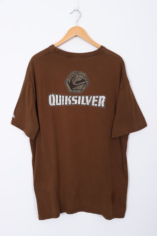 QUIKSILVER Spell Out Front Back Logo Brown Surfer T-Shirt (L)
