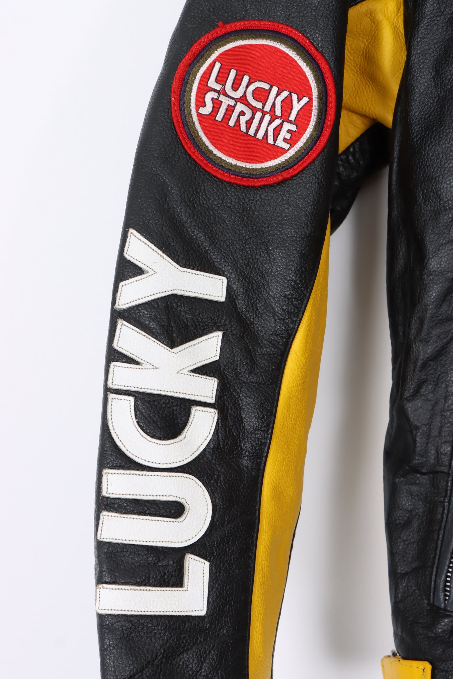 Vintage LUCKY STRIKE Yellow Leather Motorcycle Racing Jacket (XS-S)