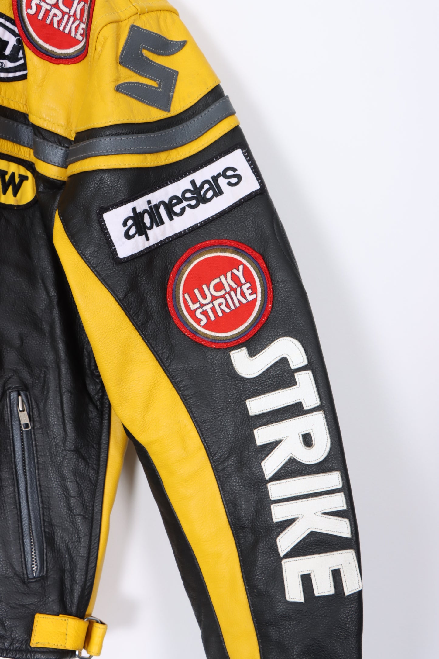 Vintage LUCKY STRIKE Yellow Leather Motorcycle Racing Jacket (XS-S)