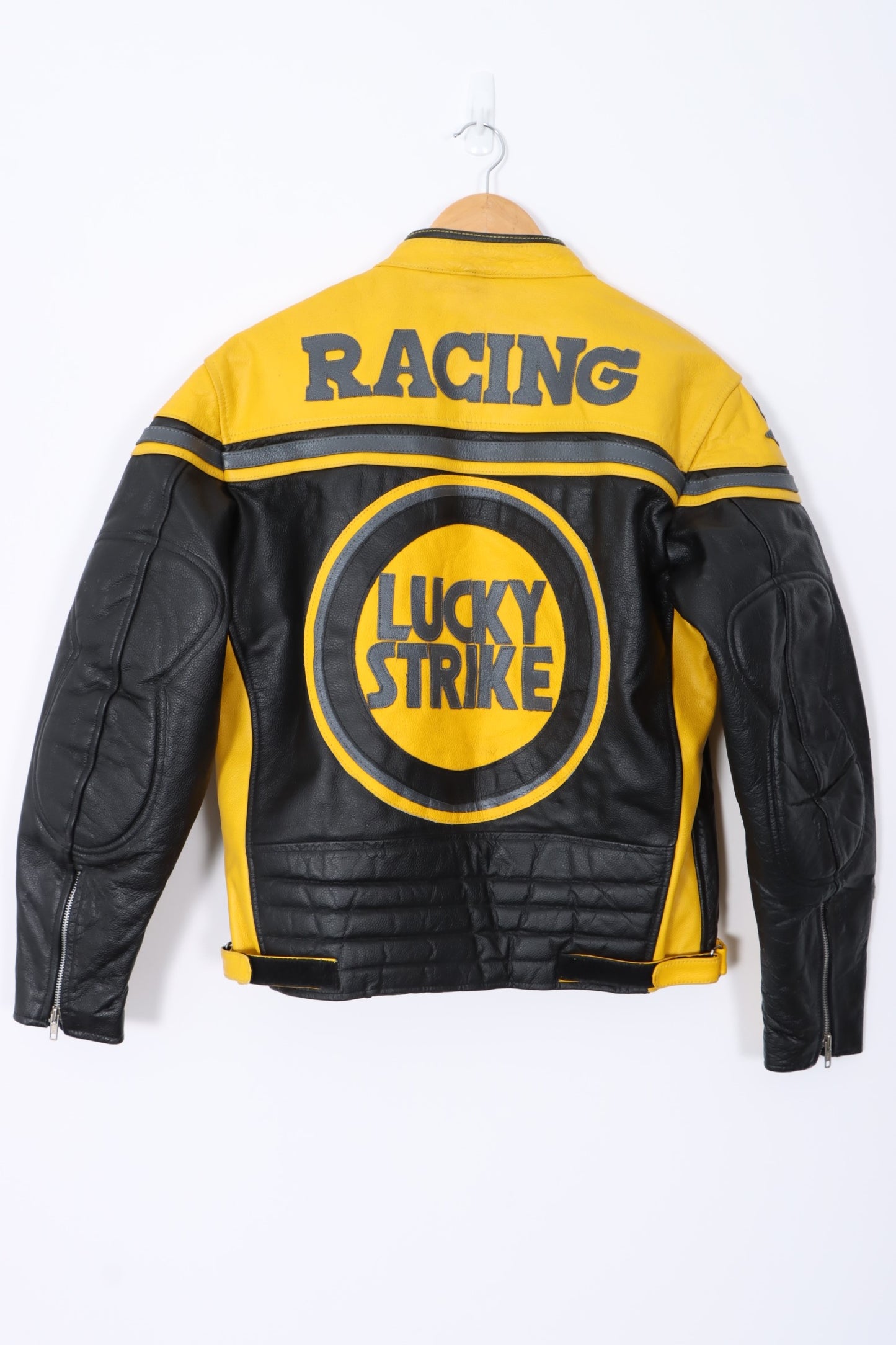 Vintage LUCKY STRIKE Yellow Leather Motorcycle Racing Jacket (XS-S)