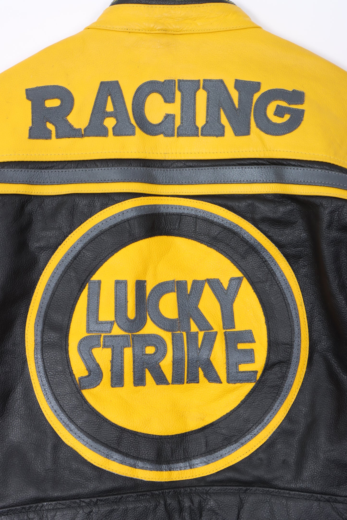 Vintage LUCKY STRIKE Yellow Leather Motorcycle Racing Jacket (XS-S)