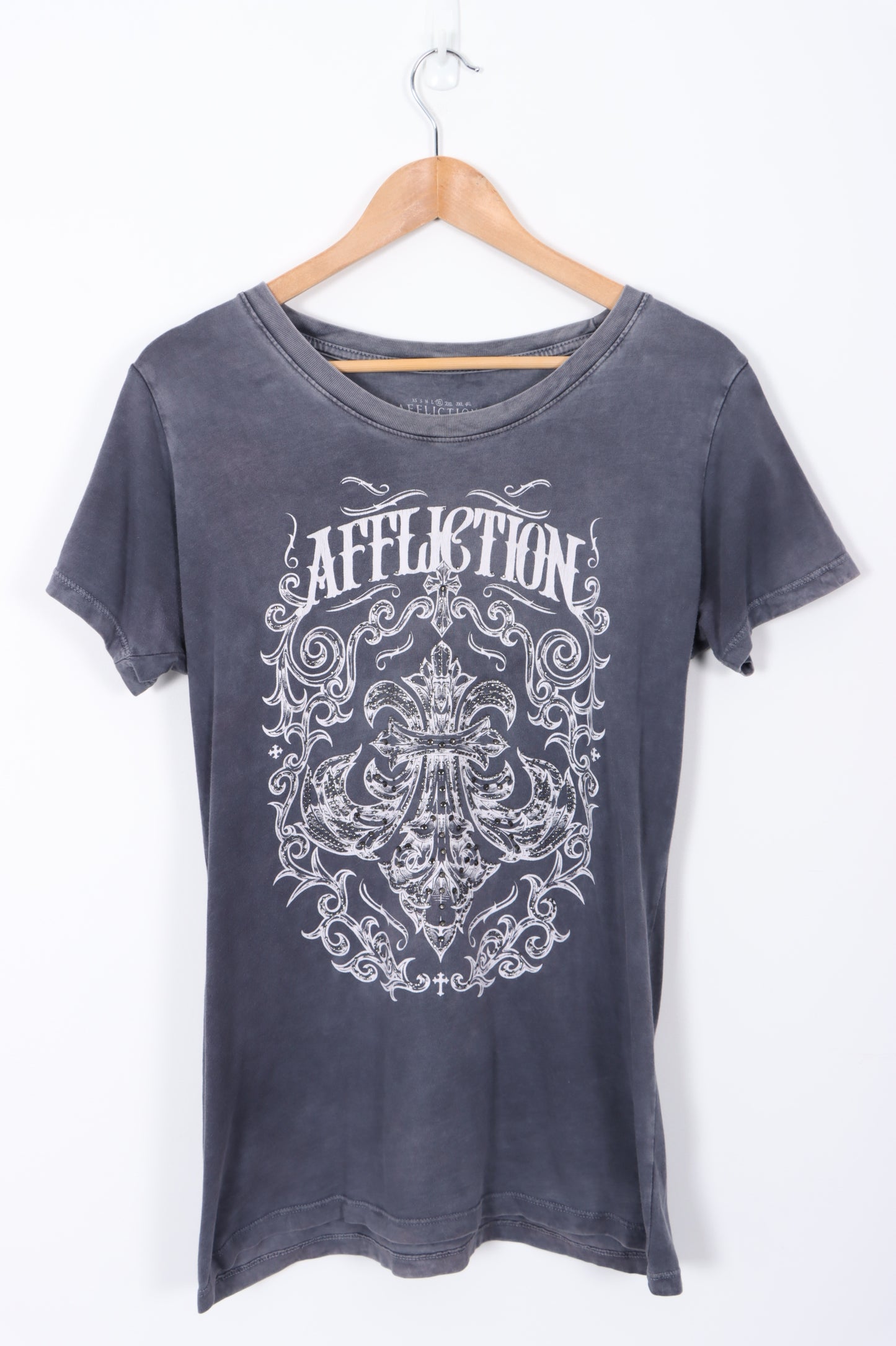 AFFLICTION Rhinestone Graphic Lace Back Detail Tee (L Women's)