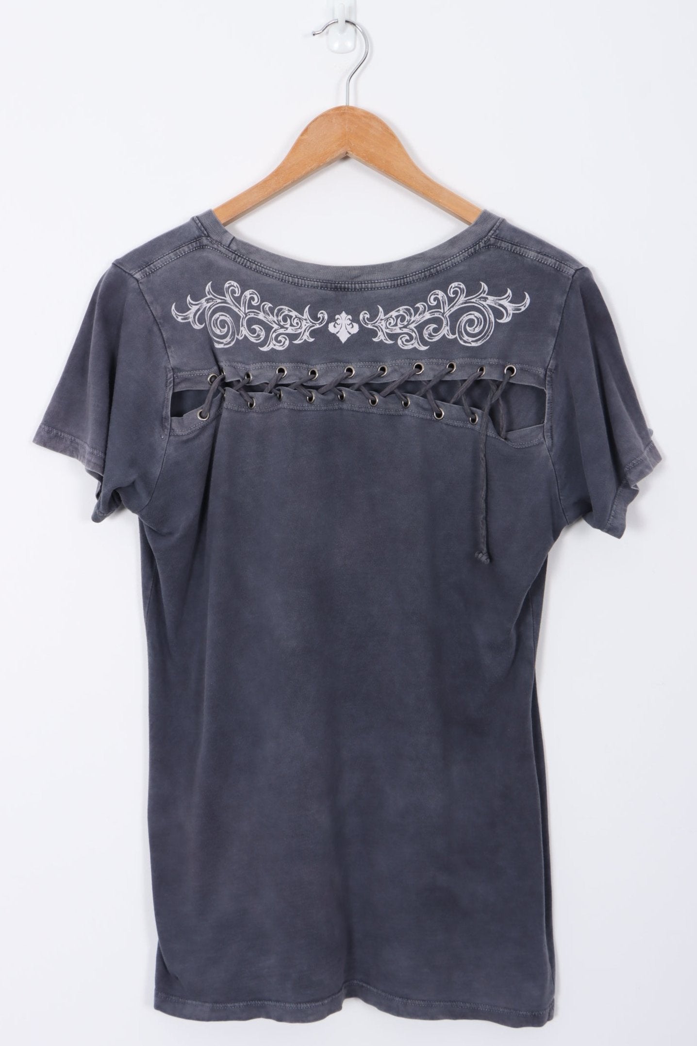 AFFLICTION Rhinestone Graphic Lace Back Detail Tee (L Women's)