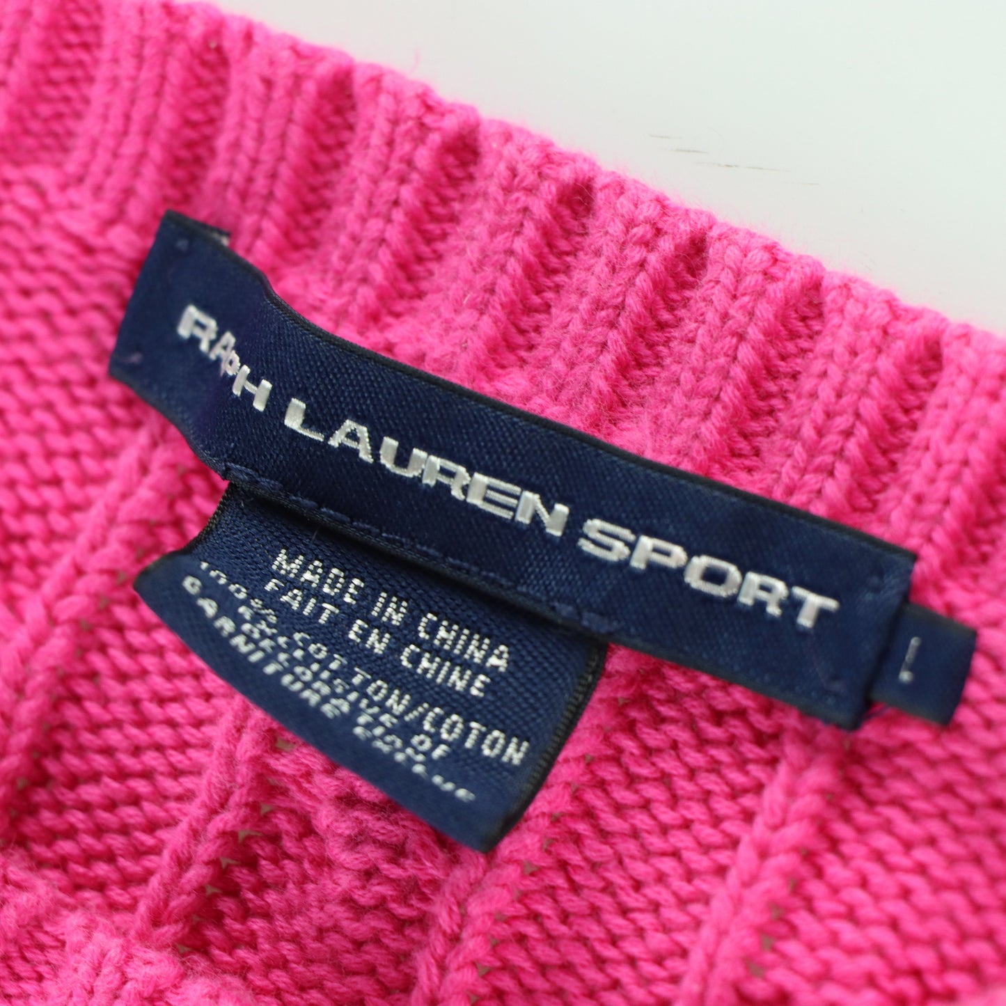 RALPH LAUREN SPORT Embroidered Logo Hot Pink & Green Cable Knit Sweater (M)
