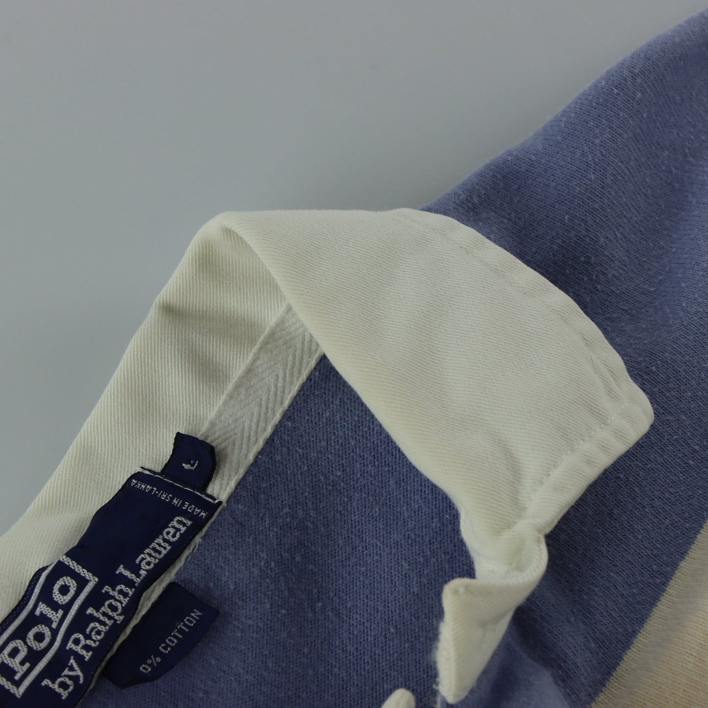RALPH LAUREN POLO Cream & Light Blue Single Stitch Rugby Jumper (L-XL)