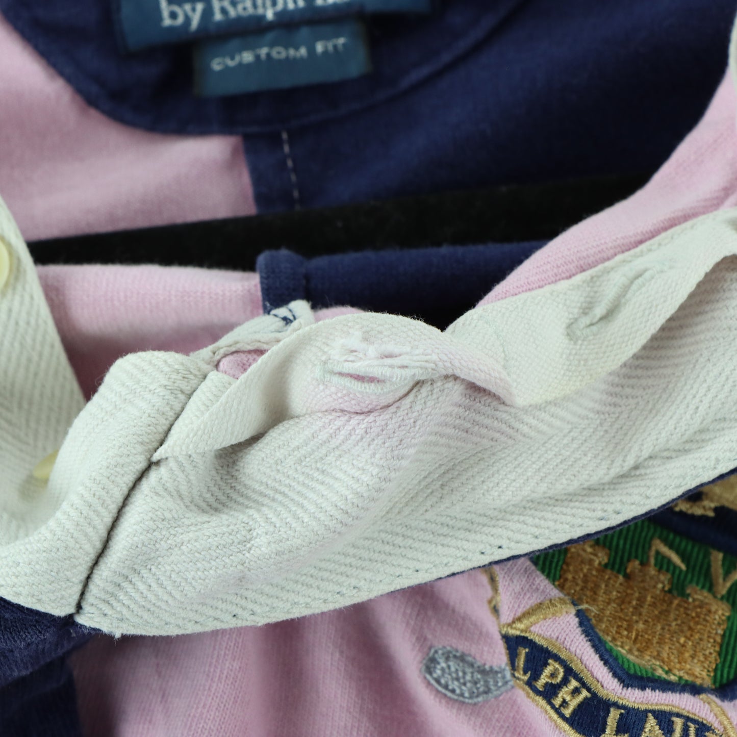 RALPH LAUREN POLO 'Custom Fit' Long-Sleeve Pink & Navy Blue Colour Block Rugby Jumper (XXL)