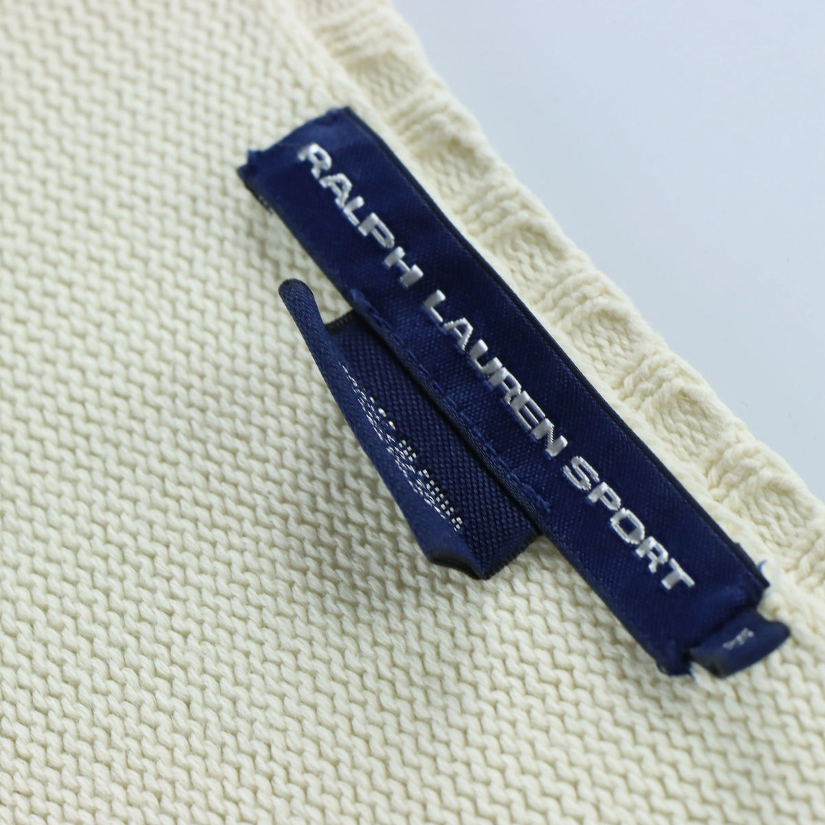 RALPH LAUREN SPORT Embroidered Big Logo Beige & Navy Knit Sweater (S) - Vintage Sole Melbourne