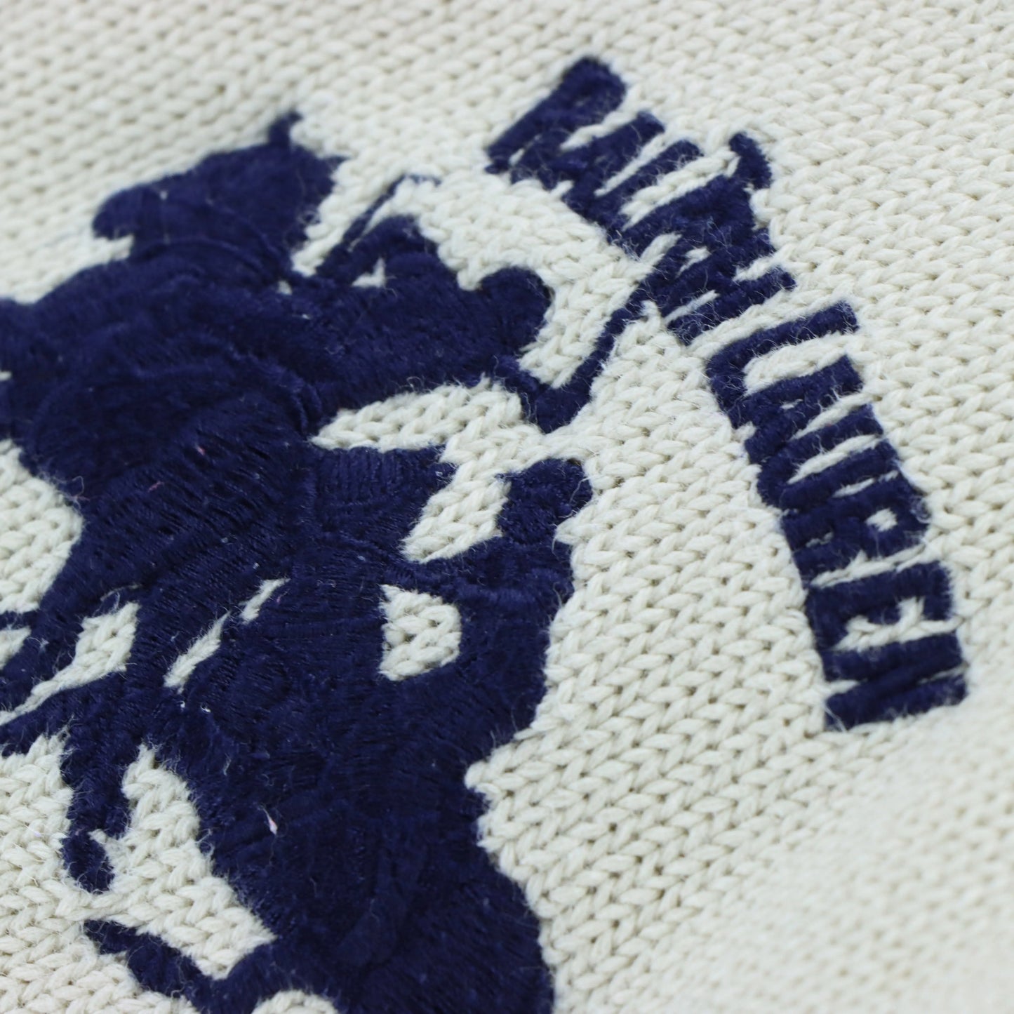 RALPH LAUREN SPORT Embroidered Big Logo Beige & Navy Knit Sweater (S) - Vintage Sole Melbourne