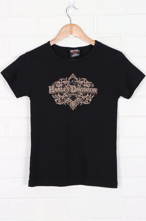 HARLEY DAVIDSON Baroque Wings Logo Front Back Baby Tee (Women's S)
