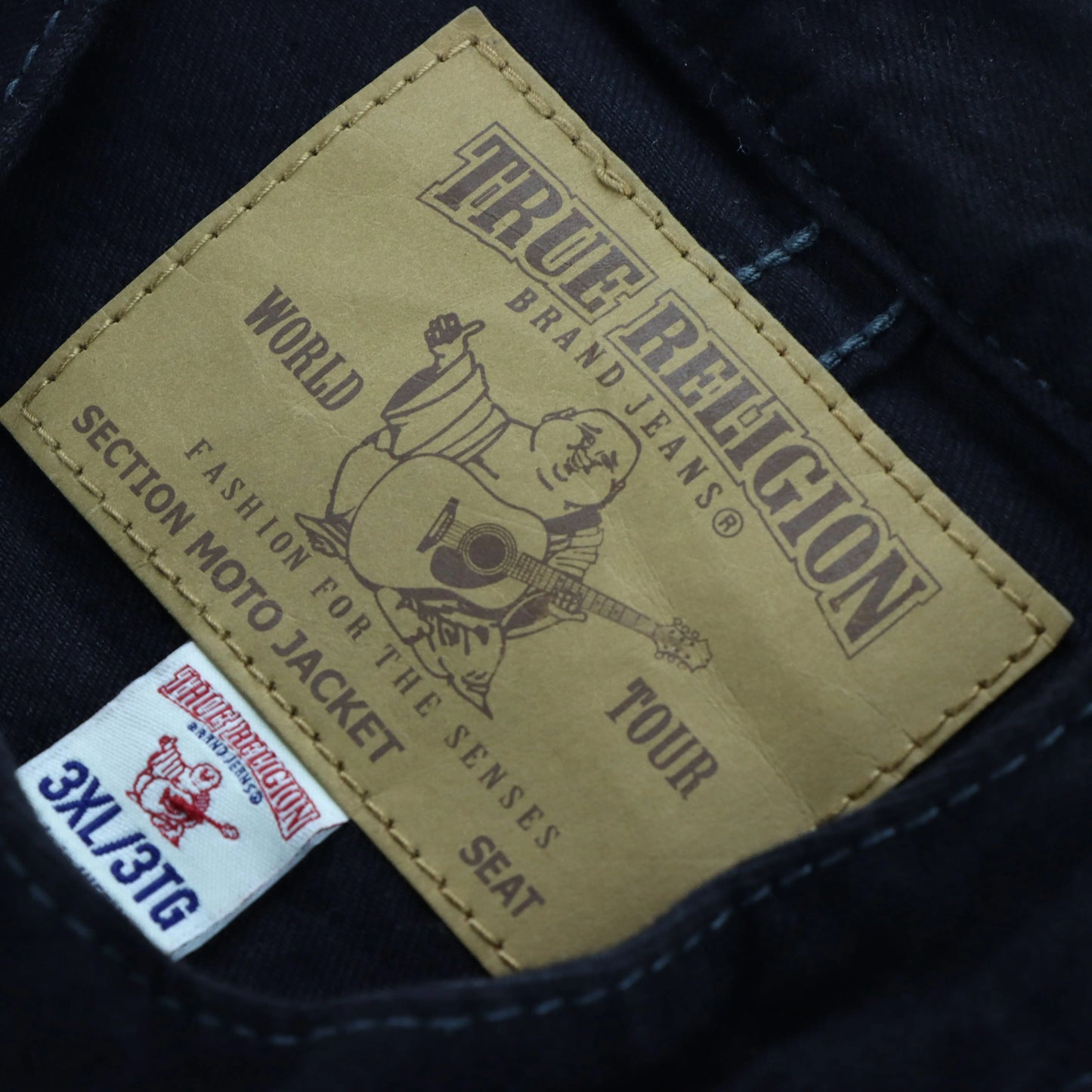 TRUE RELIGION Y2K Black Contrast Stitch Denim Motorcycle Jacket (XL-XXL) - Vintage Sole Melbourne