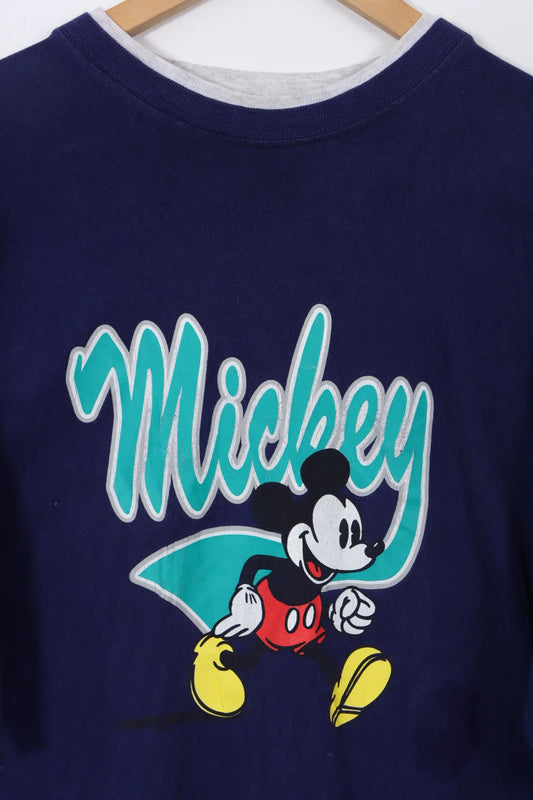 DISNEY Mickey Mouse Double Layered Single Stitch Navy Tee (L) Vintage Sole Melbourne