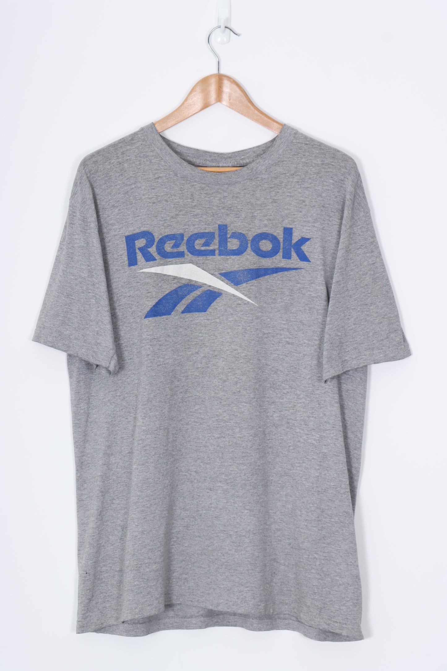 REEBOK Grey & Blue Sports Big Logo Graphic T-Shirt (L)
