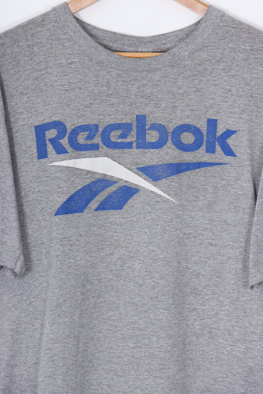 REEBOK Grey & Blue Sports Big Logo Graphic T-Shirt (L)