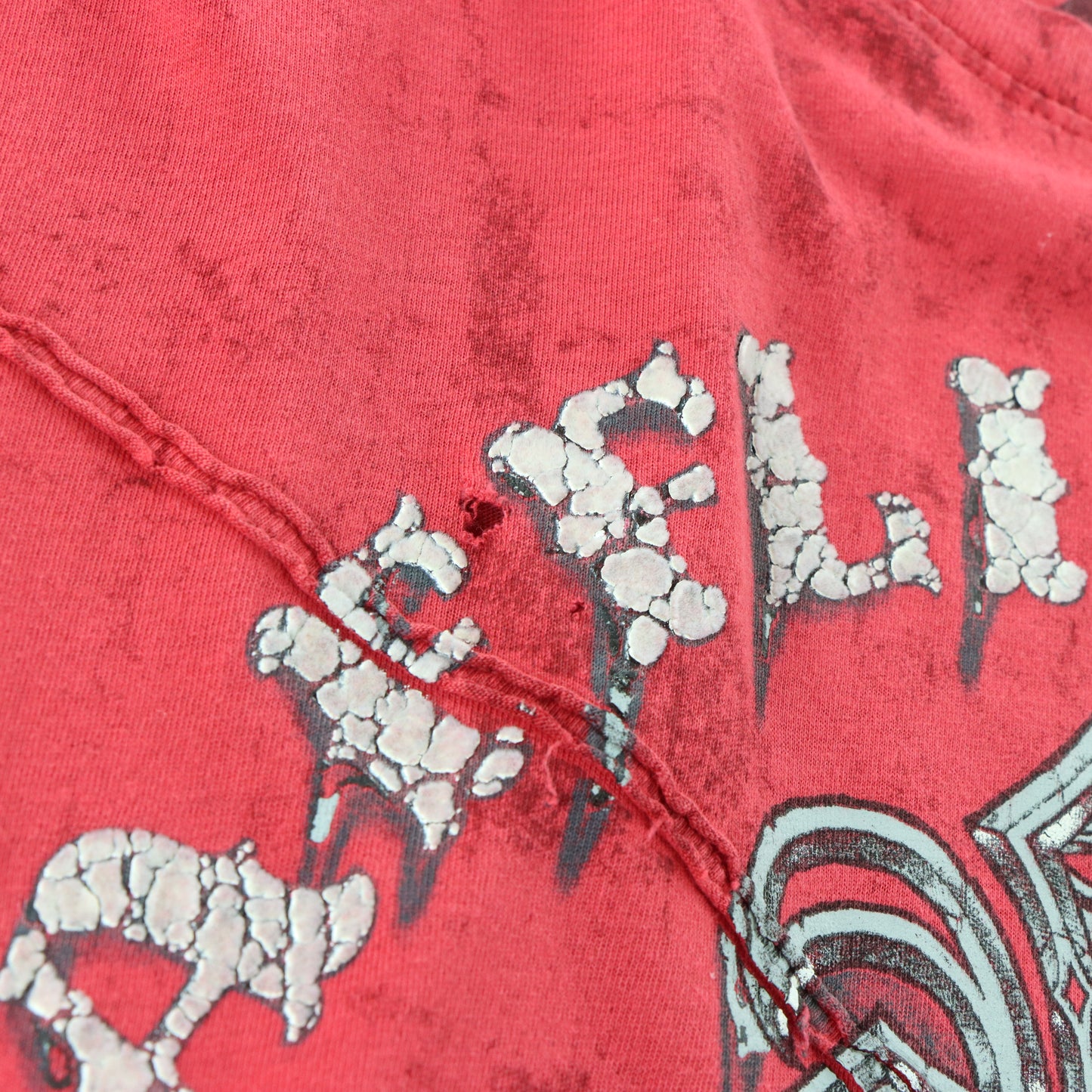 AFFLICTION Red "Live Fast" Side Stitching & Felt Detail Distressed T-Shirt USA Made (XXL)