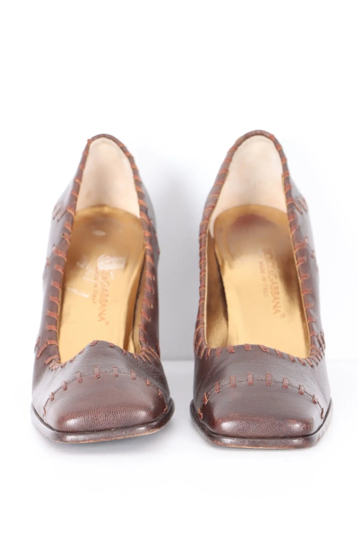 DOLCE & GABBANA 'Whipstitch' Brown Leather Heels (37) Vintage Sole Melbourne