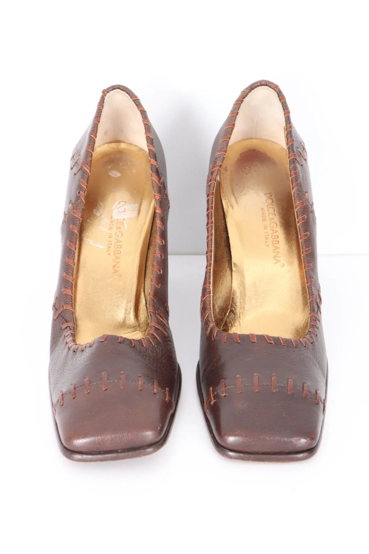 DOLCE & GABBANA 'Whipstitch' Brown Leather Heels (37) Vintage Sole Melbourne