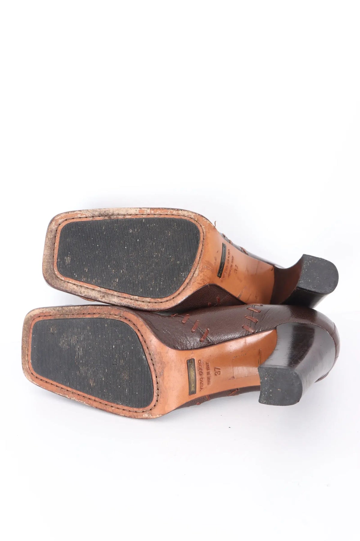 DOLCE & GABBANA 'Whipstitch' Brown Leather Heels (37) Vintage Sole Melbourne