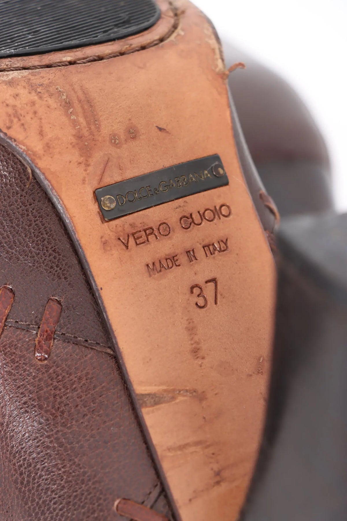 DOLCE & GABBANA 'Whipstitch' Brown Leather Heels (37) Vintage Sole Melbourne