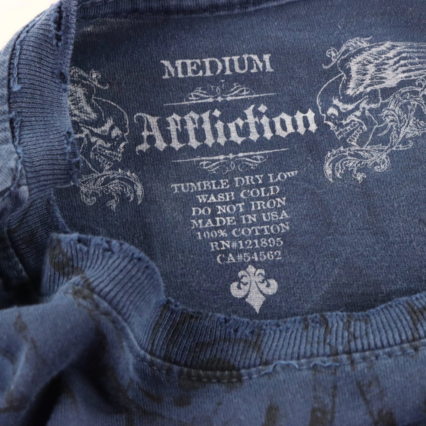 AFFLICTION Vintage Y2K Blue All Over Print Velvet Detail Cross USA Made T-Shirt (M)