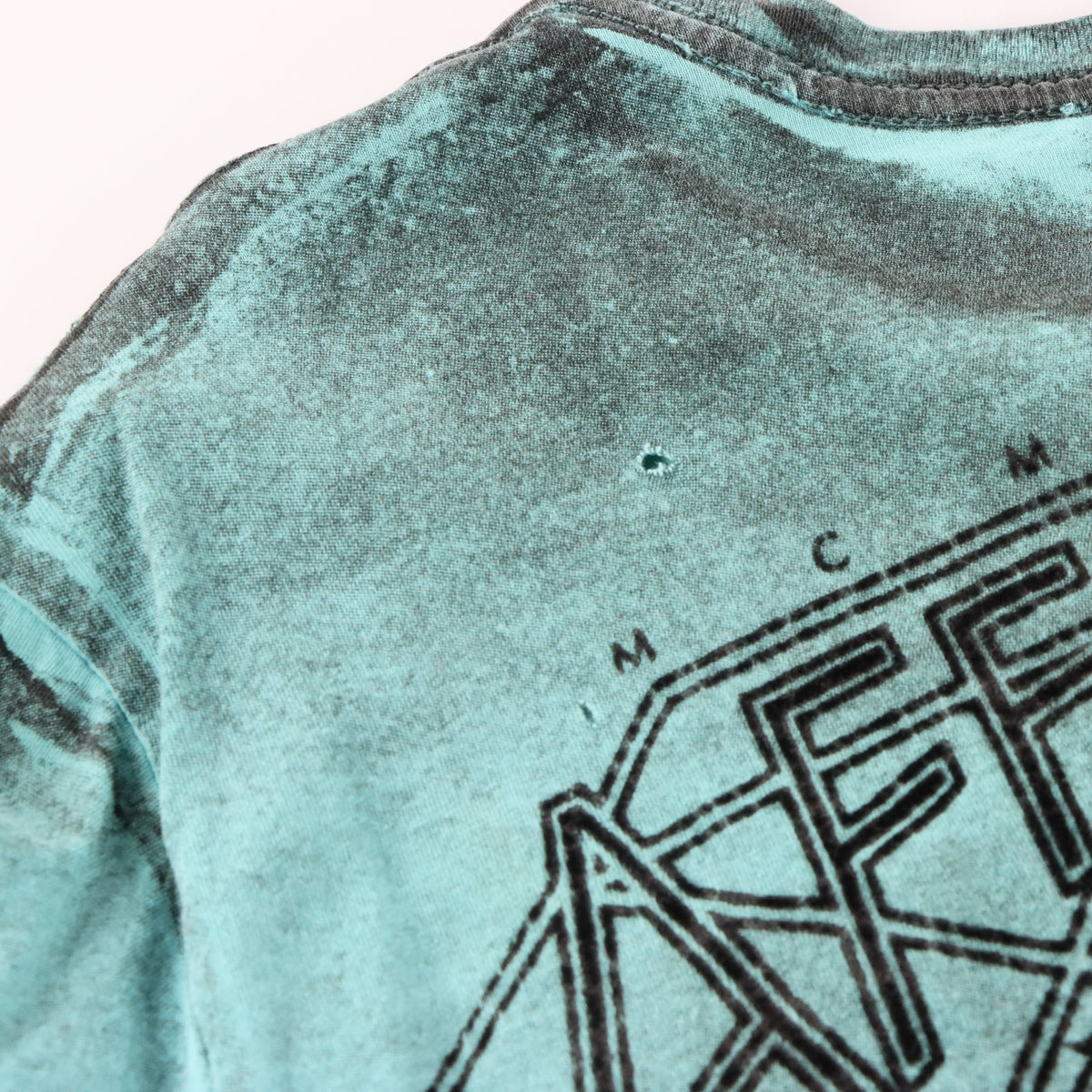 AFFLICTION 'American Customs' Vintage Turquoise & Black Velvet Detail USA Made Y2K Tee (M TALL)