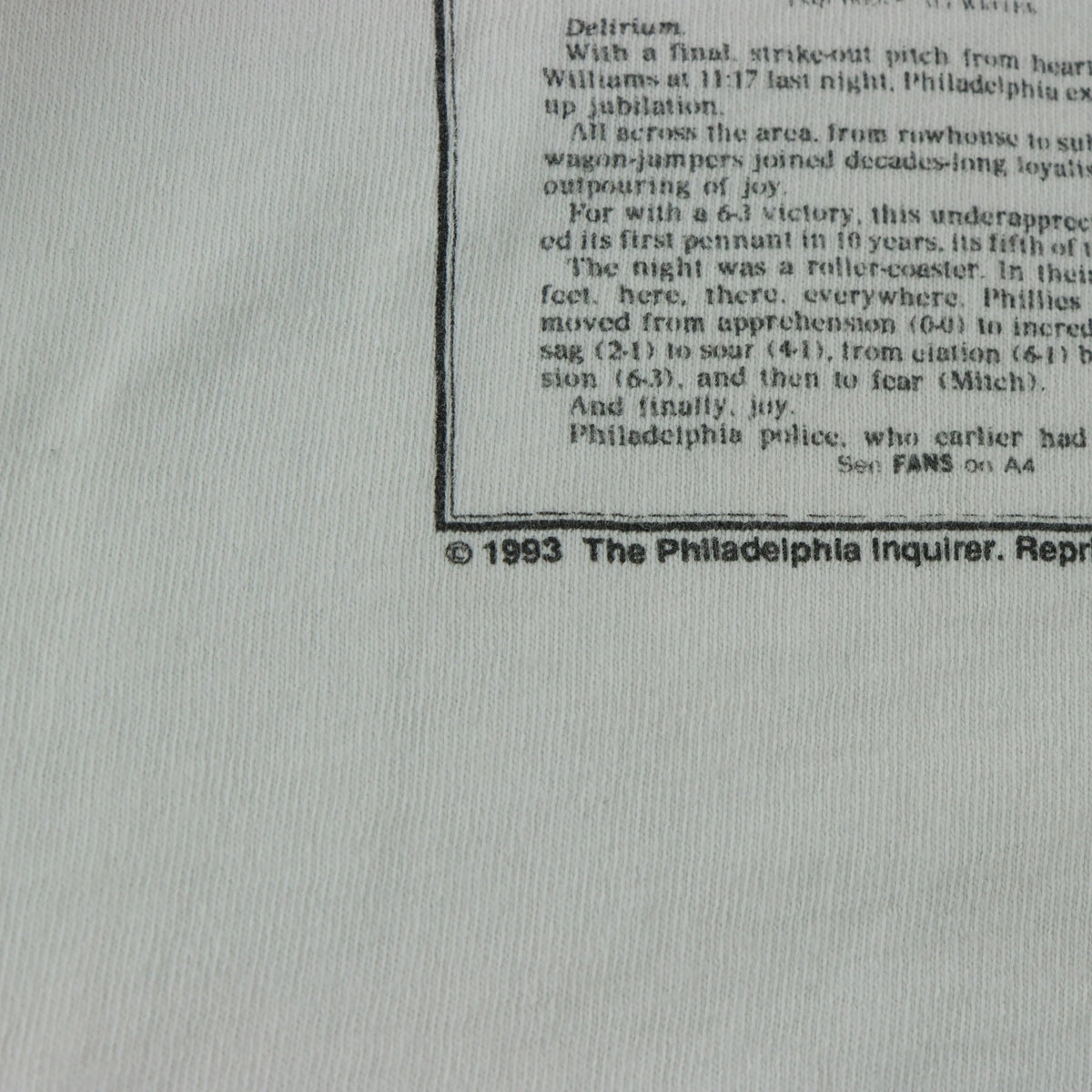 Vintage 1993 Philadelphia Phillies Newspaper Article Single Stitch White MLB Tee USA Made (L-XL) - Vintage Sole Melbourne