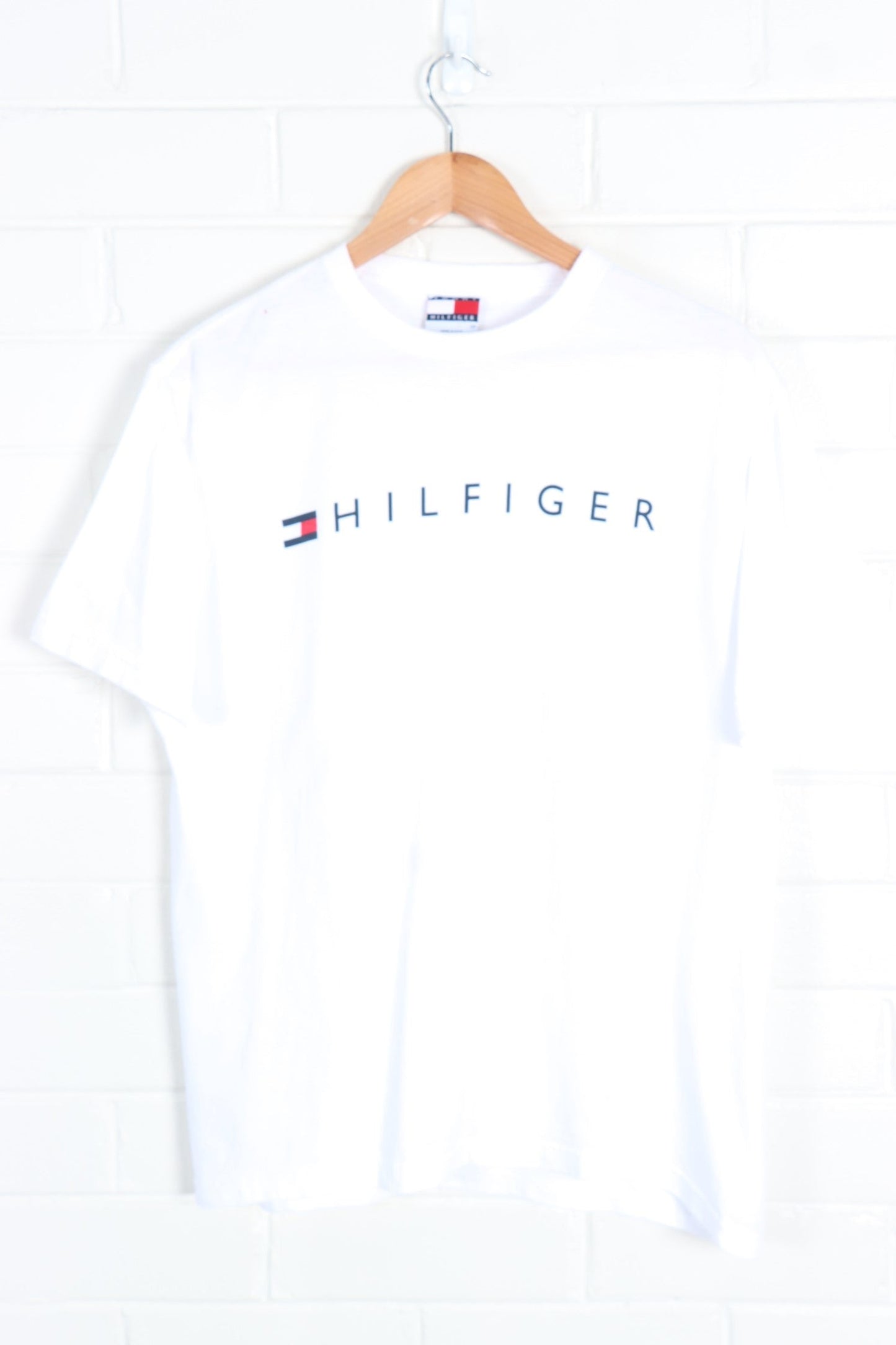 White TOMMY HILFIGER Spell Out Logo Tee USA Made (M)