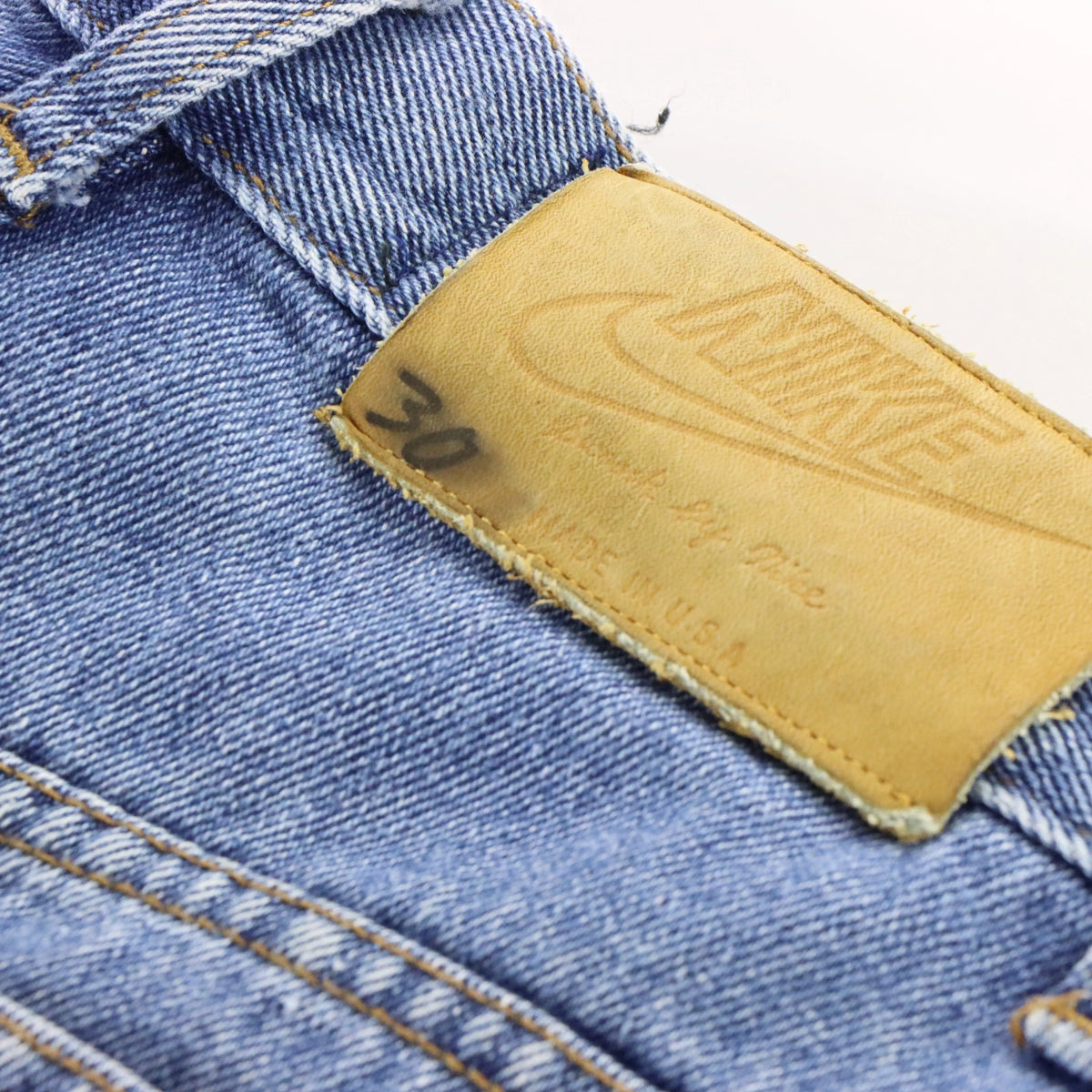 Vintage NIKE 90's Embroidered Large Swoosh Jorts USA Made Blue Denim Shorts (30)