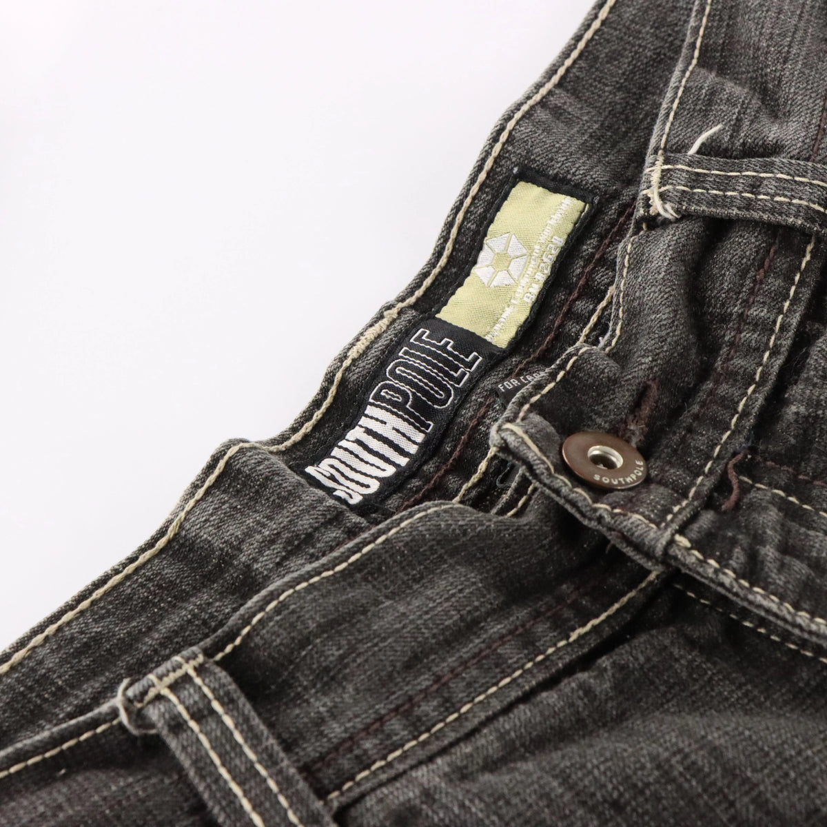 Vintage SOUTHPOLE Y2K Brown Stitching Dark Grey Faded Jorts Denim Shorts (34)
