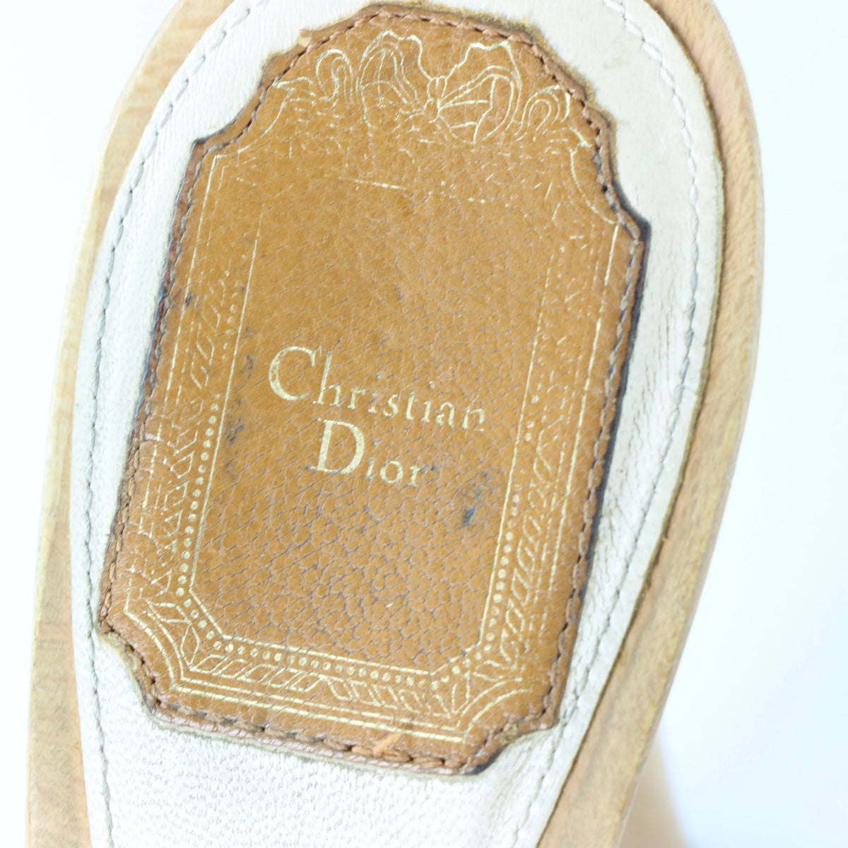 DIOR Gold Locket Studded Wooden Clog Tan Heels (37) - Vintage Sole Melbourne