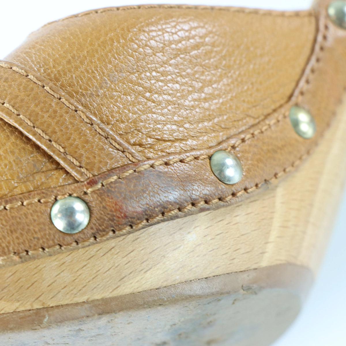 DIOR Gold Locket Studded Wooden Clog Tan Heels (37) - Vintage Sole Melbourne