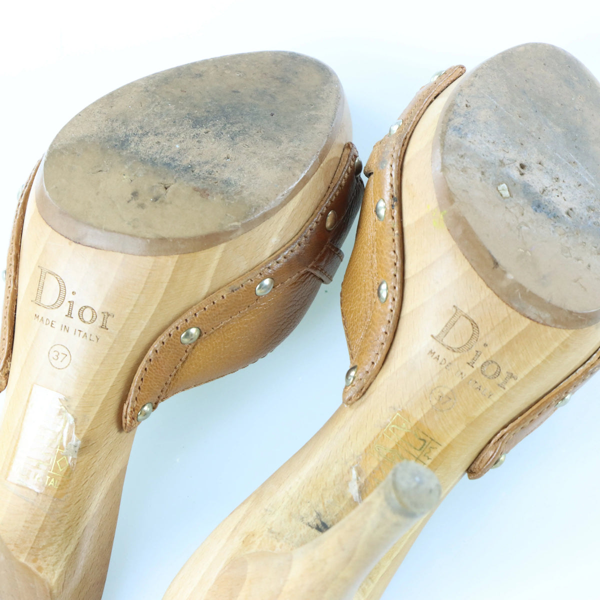 DIOR Gold Locket Studded Wooden Clog Tan Heels (37) - Vintage Sole Melbourne