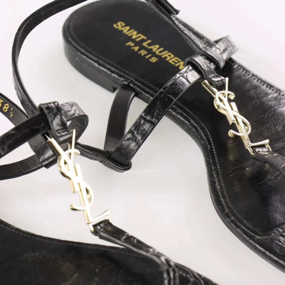 SAINT LAURENT YSL 'Cassandra' Croc Thong Logo Sandals (38.5) - Vintage Sole Melbourne
