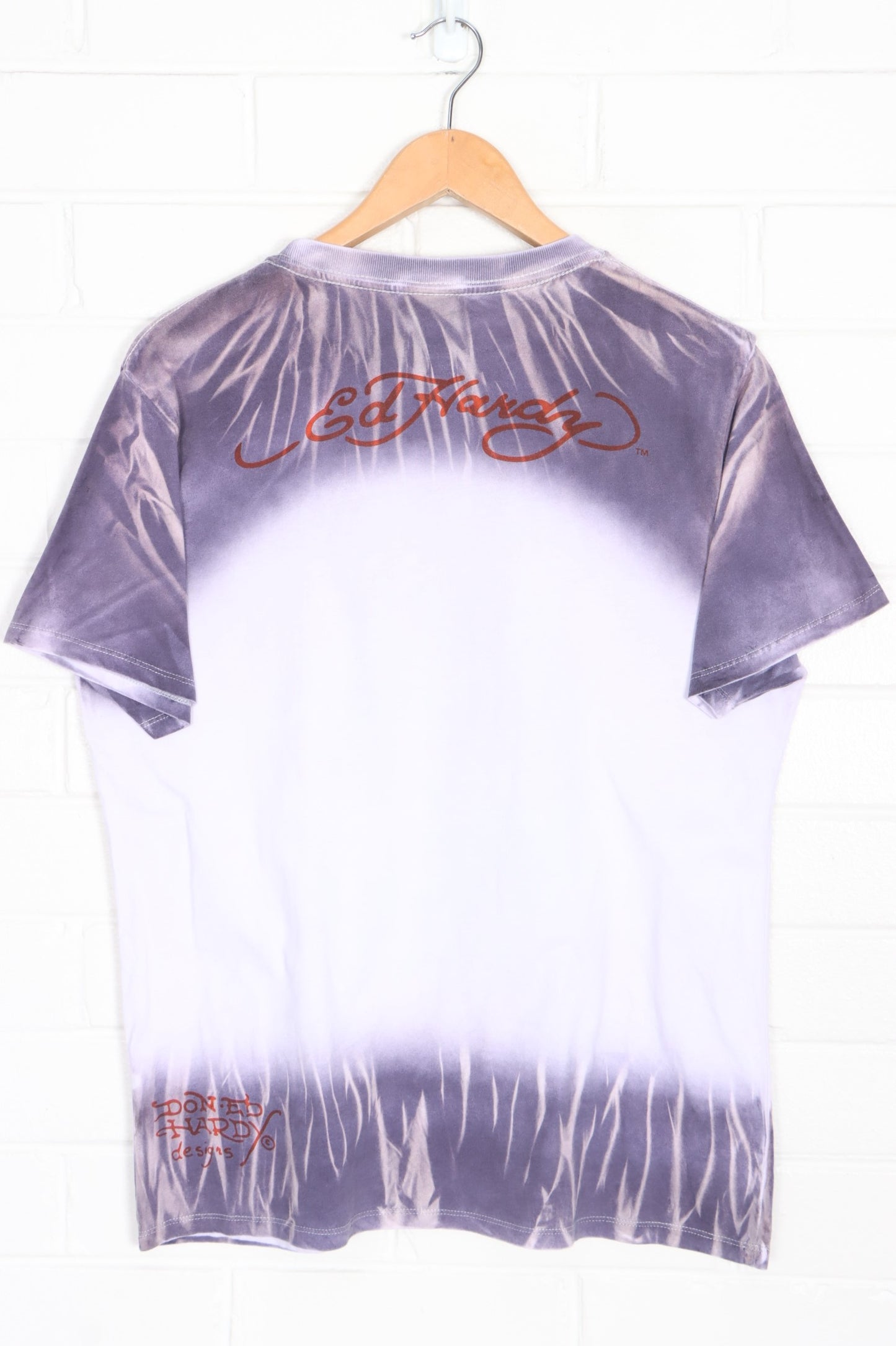 ED HARDY Embellished Smoking Skull Y2K Tie Dye T-Shirt (M)