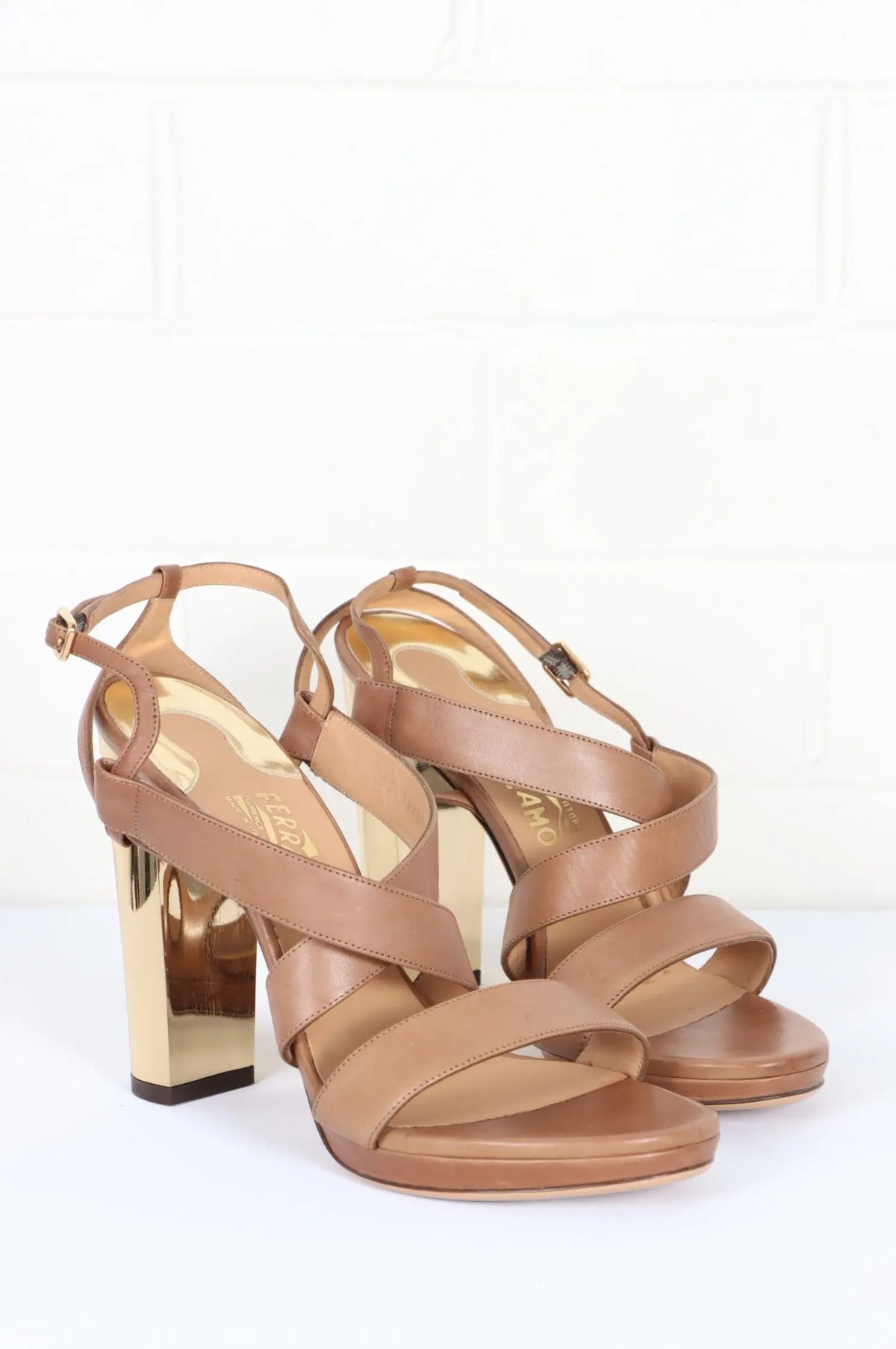 SALVATORE FERRAGAMO 'Bubina' Brown & Gold Strappy Leather Heels (9.5) Vintage Sole Melbourne