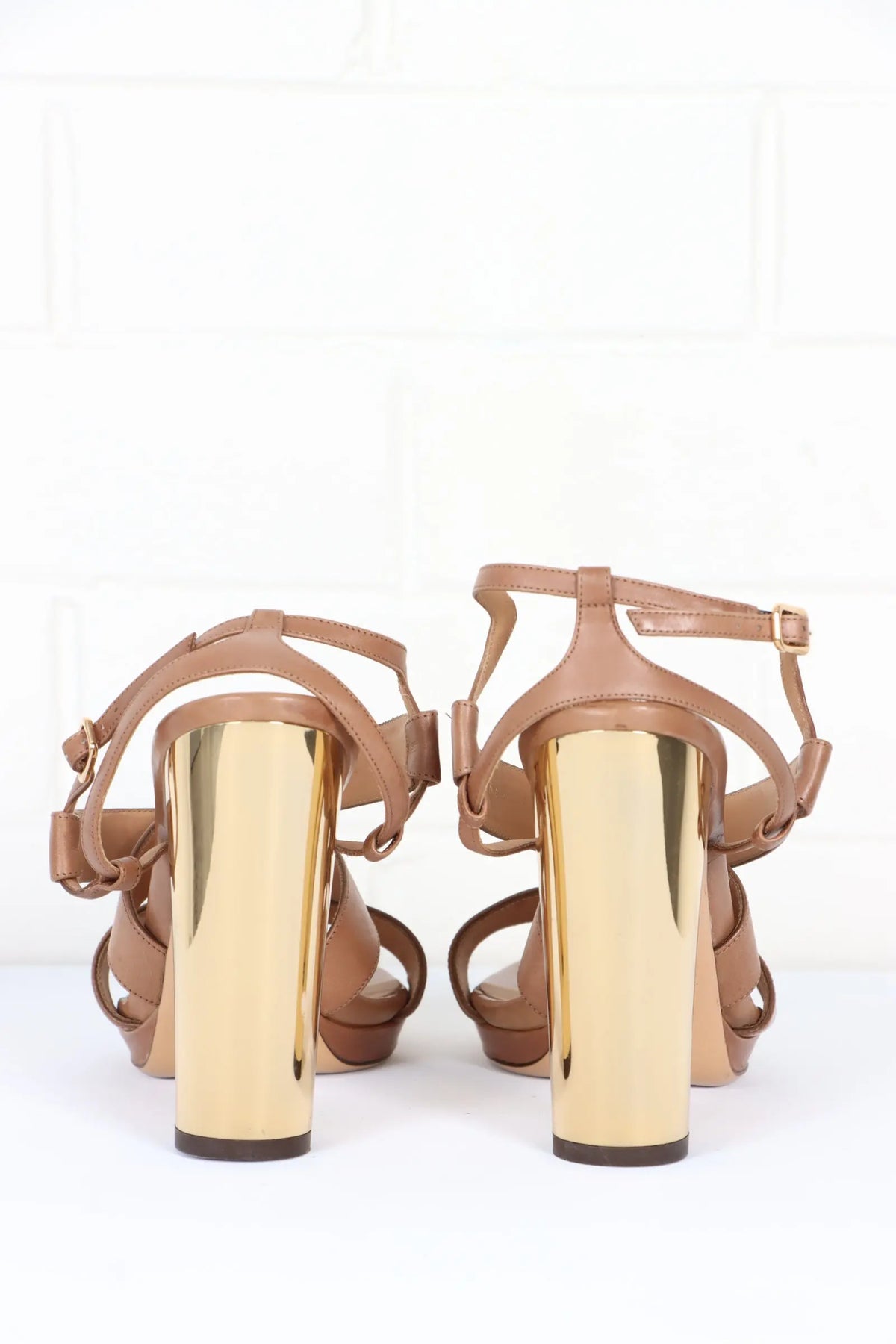 SALVATORE FERRAGAMO 'Bubina' Brown & Gold Strappy Leather Heels (9.5) Vintage Sole Melbourne